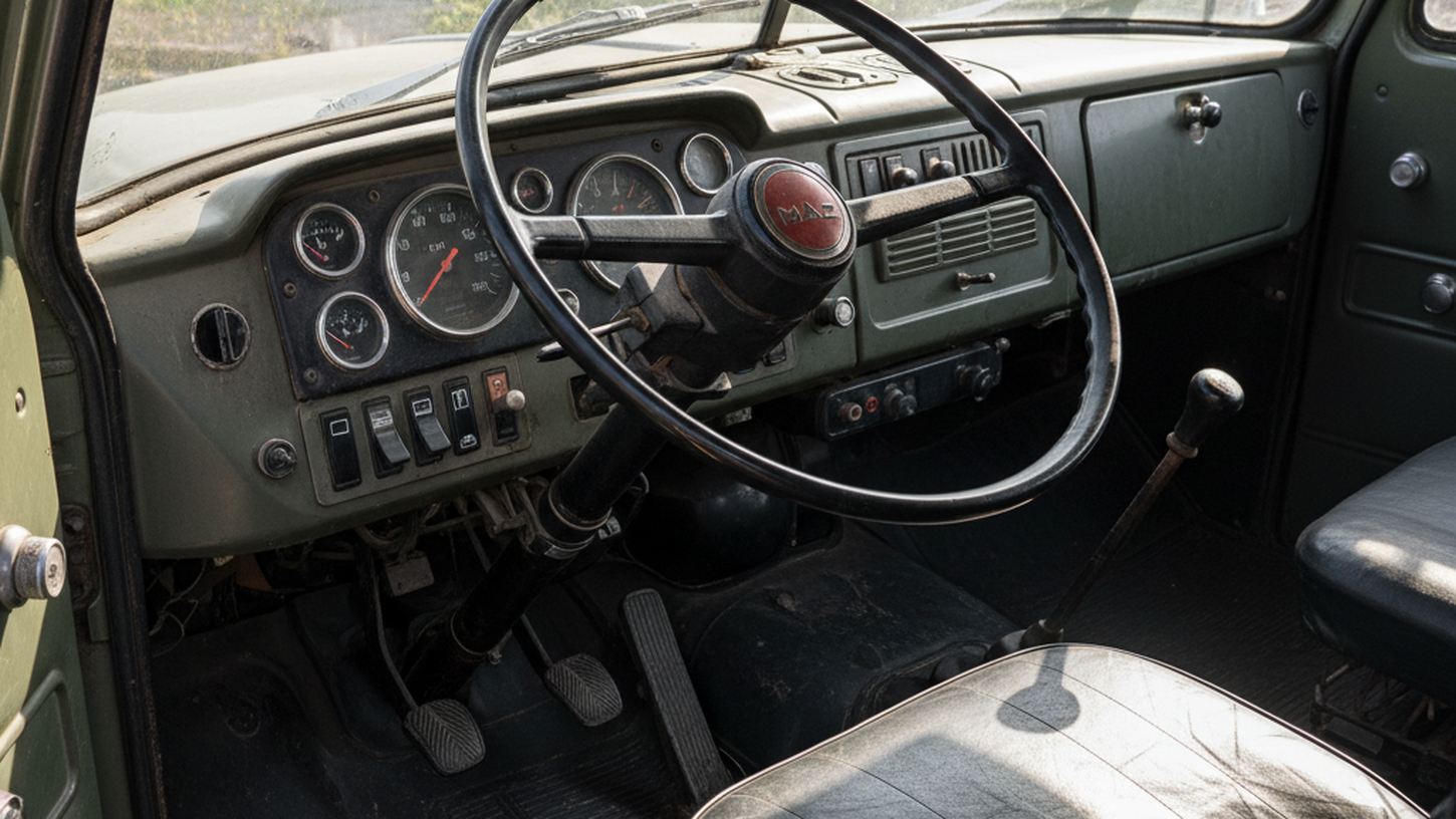 Вид кабины МАЗ-500 внутри — приборная панель и водительское место