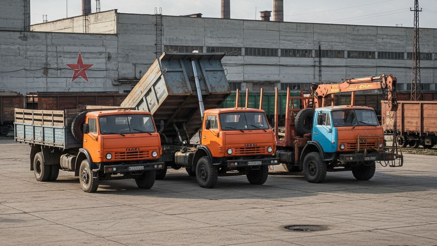 Модификации грузовика МАЗ-500: бортовой, самосвал, лесовоз на заводской площадке