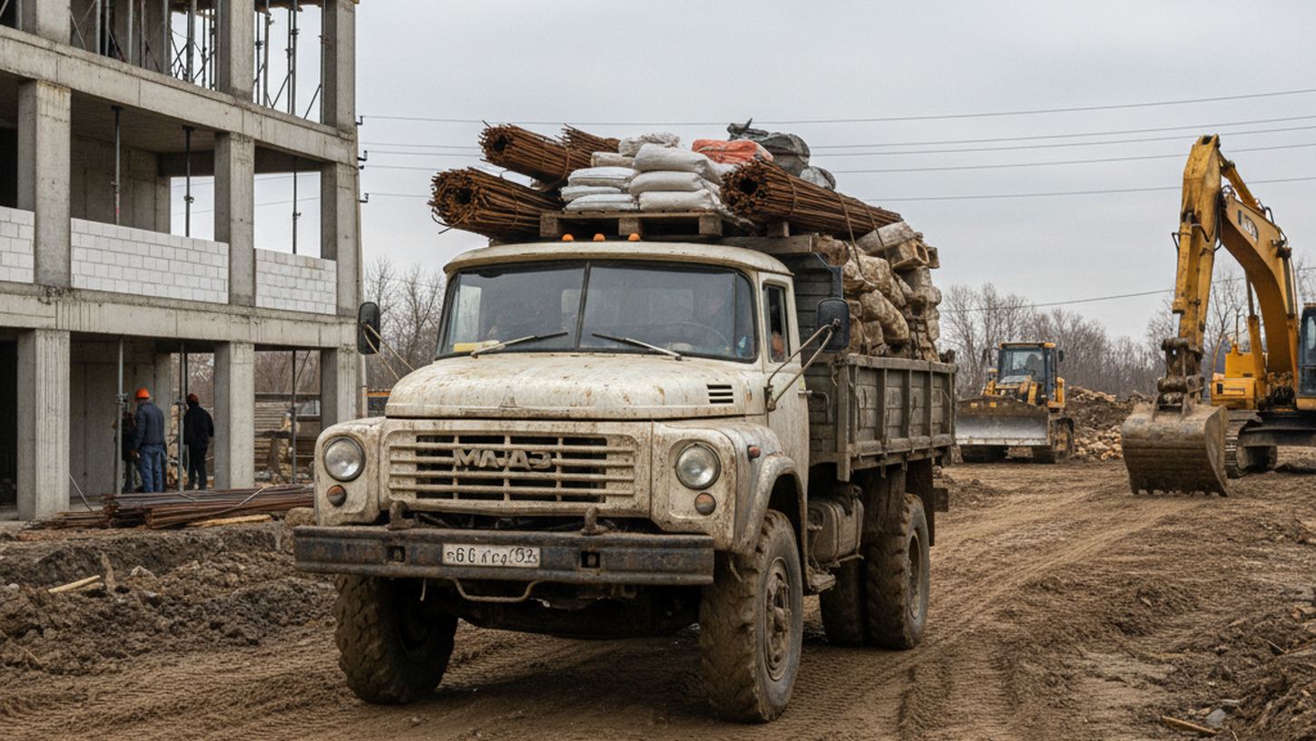 МАЗ-500 в работе — перевозка стройматериалов по просёлочной дороге