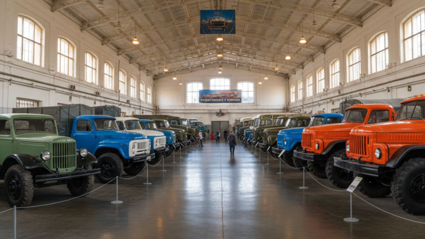 Музей грузовой техники России с советскими грузовиками ГАЗ ЗИЛ и КрАЗ в выставочном зале