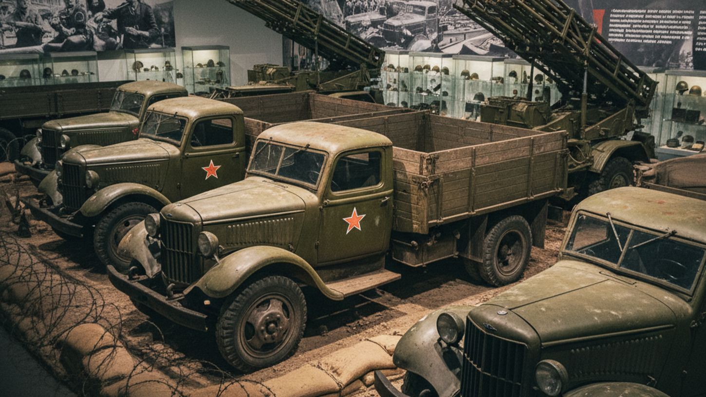 Военные грузовики времен ВОВ с реактивной установкой Катюша на шасси ЗИС