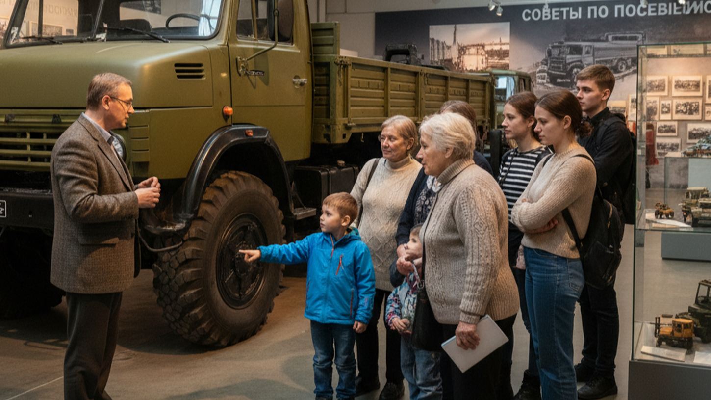 Экскурсия в музее грузовой техники для посетителей с детьми около КамАЗ-5320