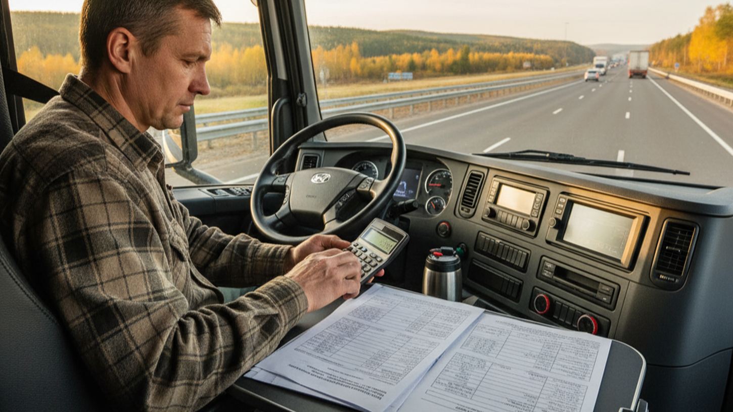Водитель грузовика изучает налоговые документы в кабине