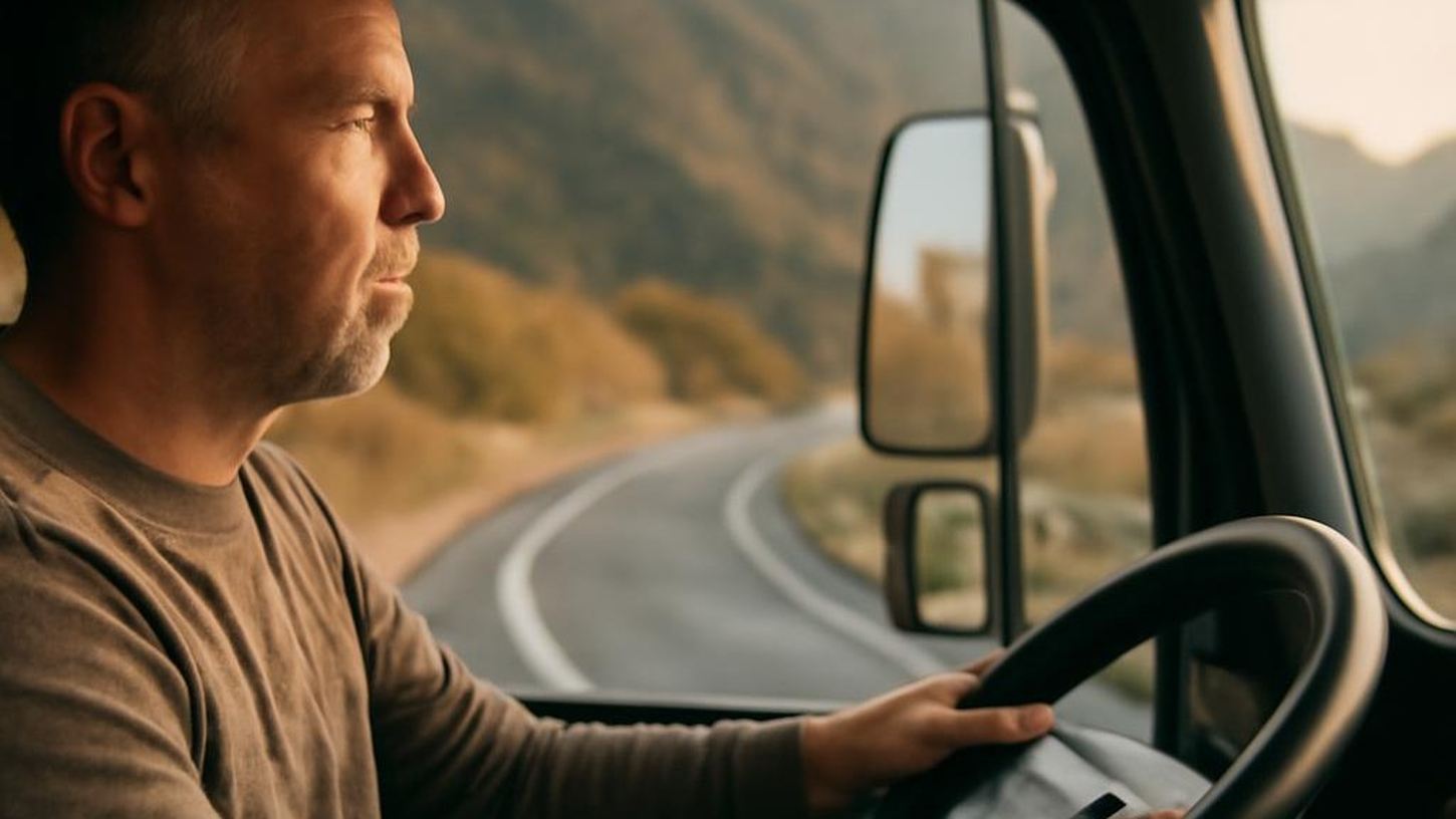 Водитель грузовика проходит серпантин с соблюдением техники безопасности