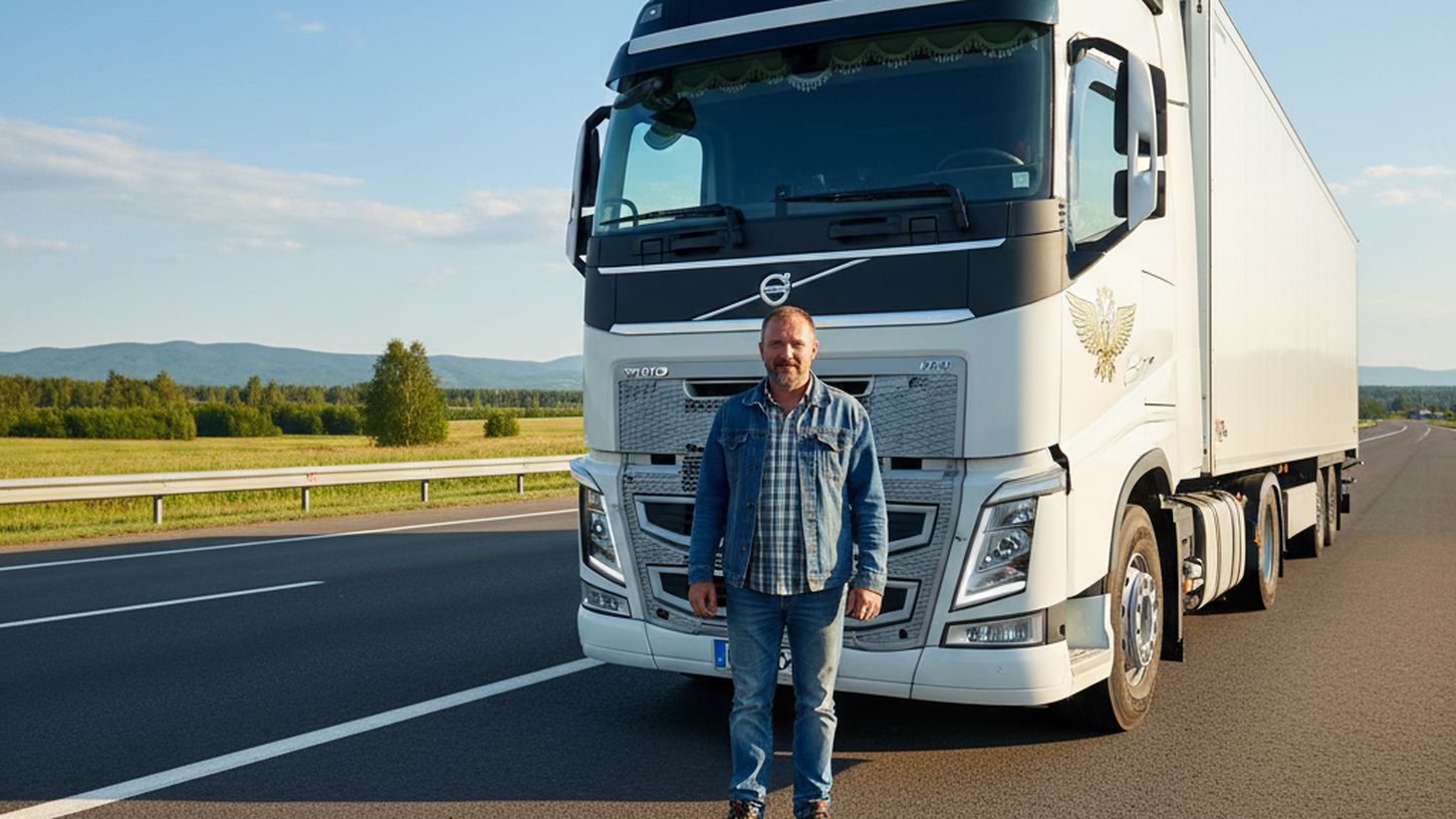 Водитель грузовика и современный тягач на трассе