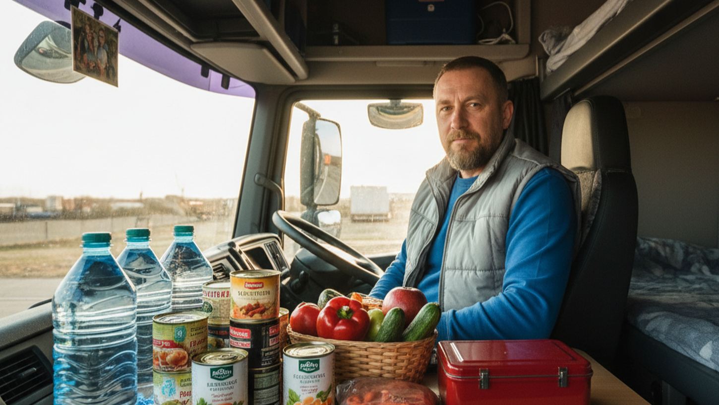 Водитель грузовика организует продукты и питание в кабине на рейс