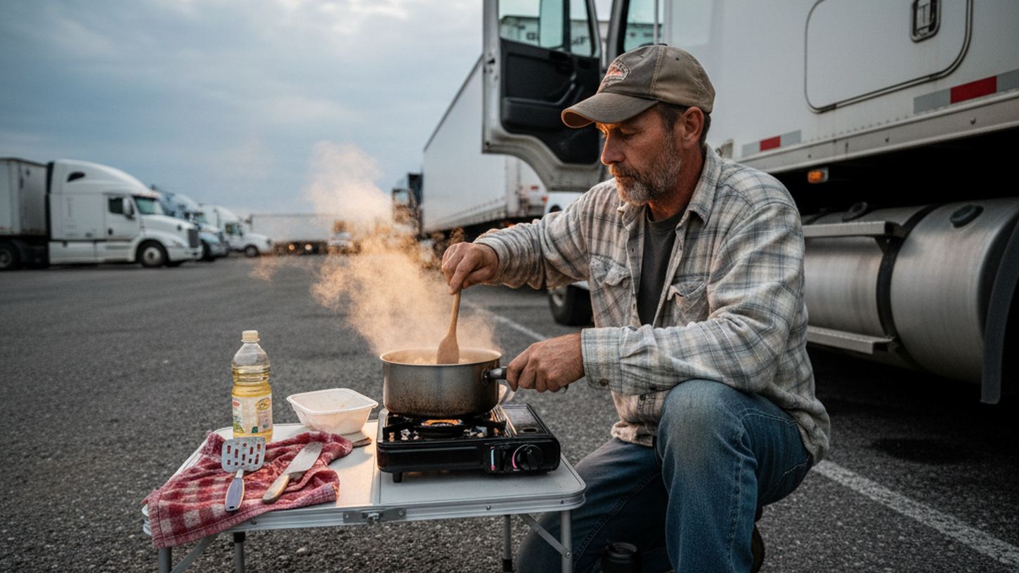 Дальнобойщик готовит горячую еду на газовой плитке возле грузовика