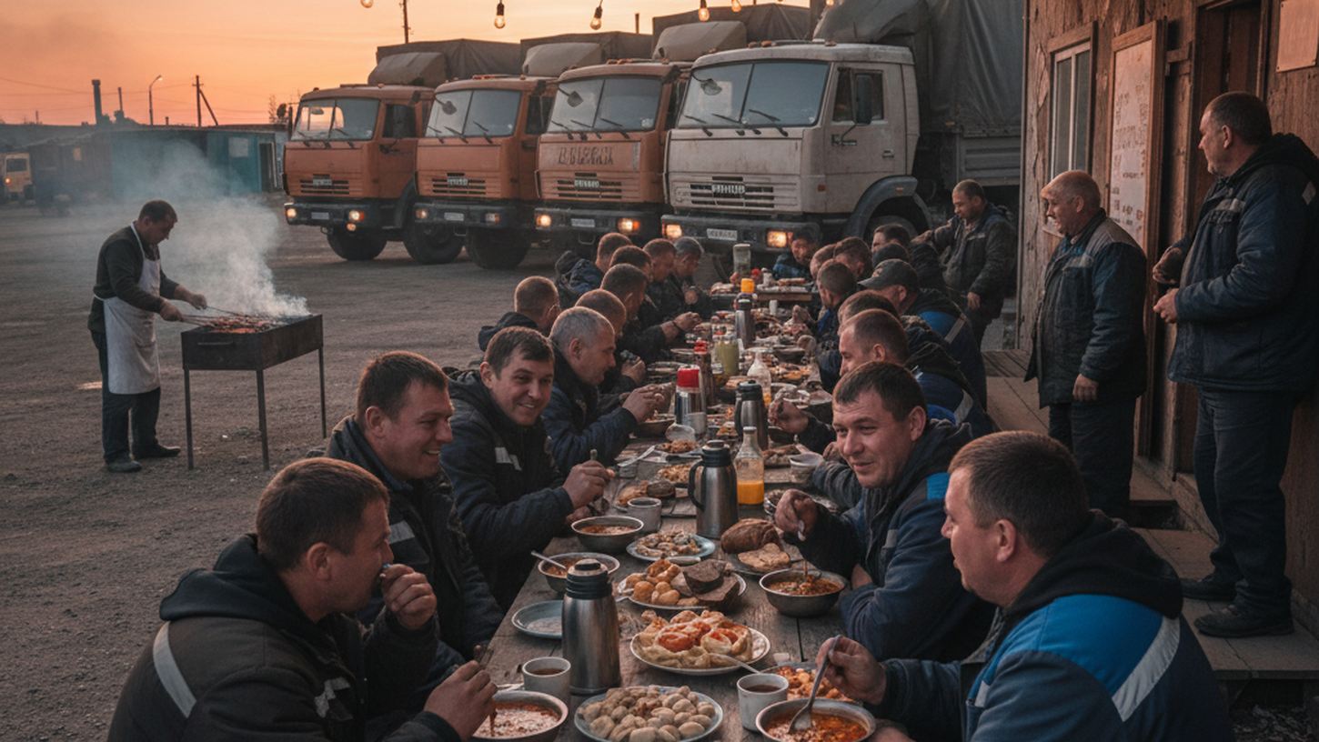 Водители фур ужинают на парковке придорожного кафе в дружеской атмосфере
