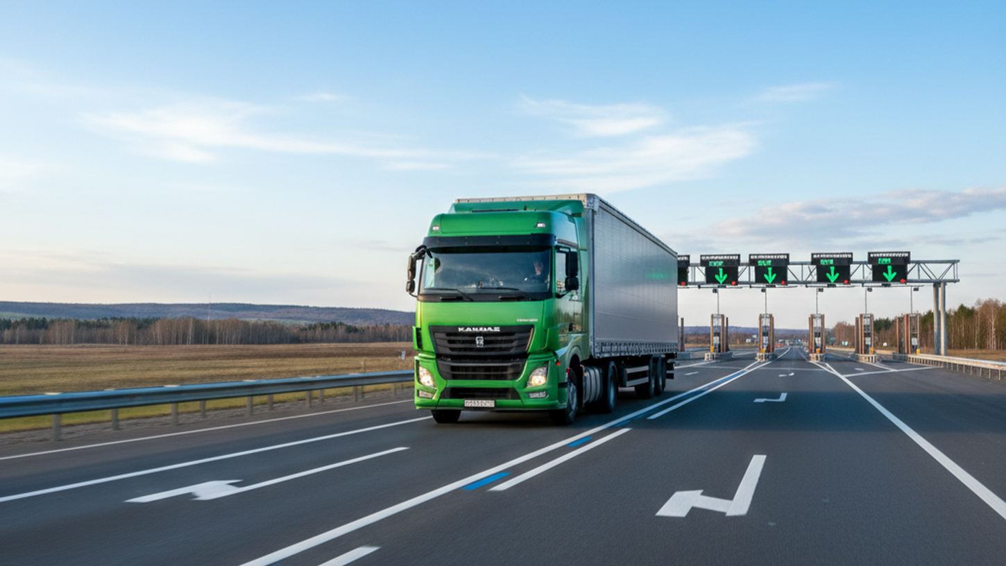 Грузовик на платной магистрали России, современные дорожные технологии