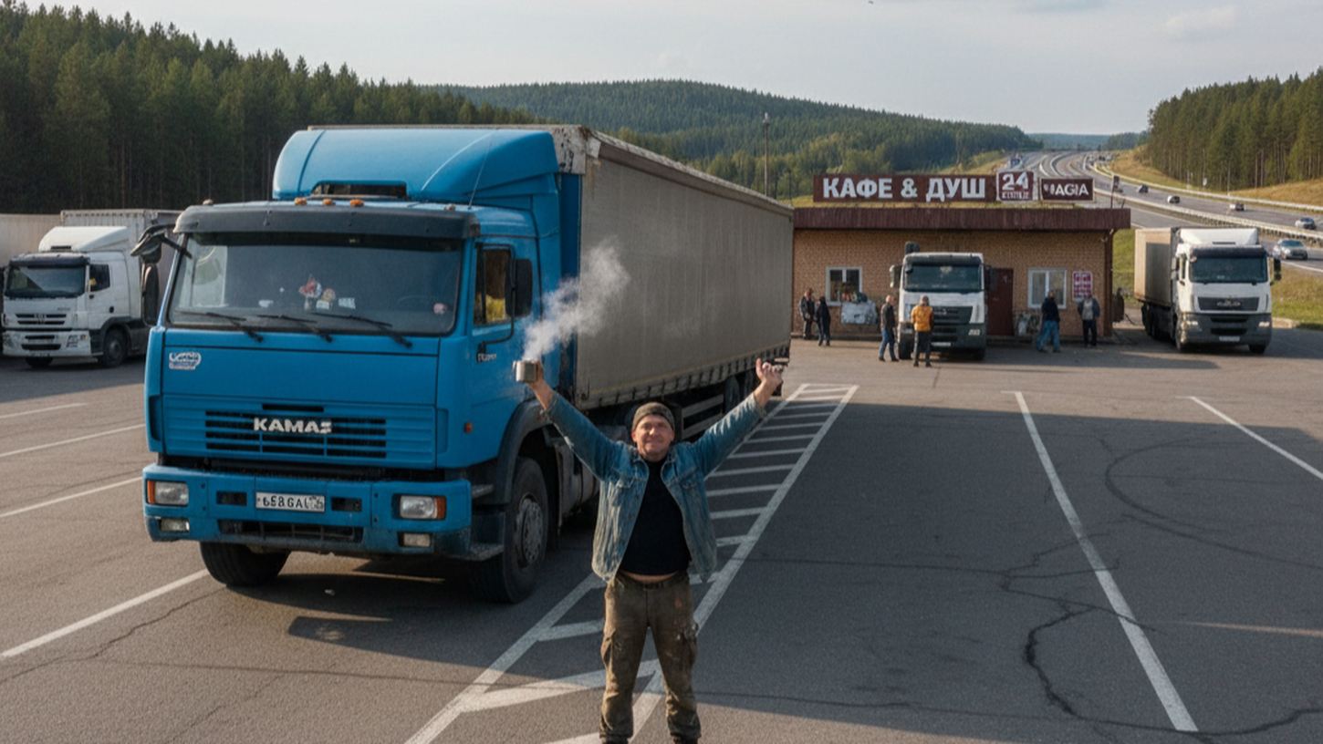 Отдых водителя и грузовика на оборудованной зоне сервисного обслуживания