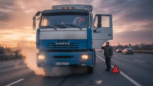 Перегрев двигателя грузовика на дороге с паром из-под капота