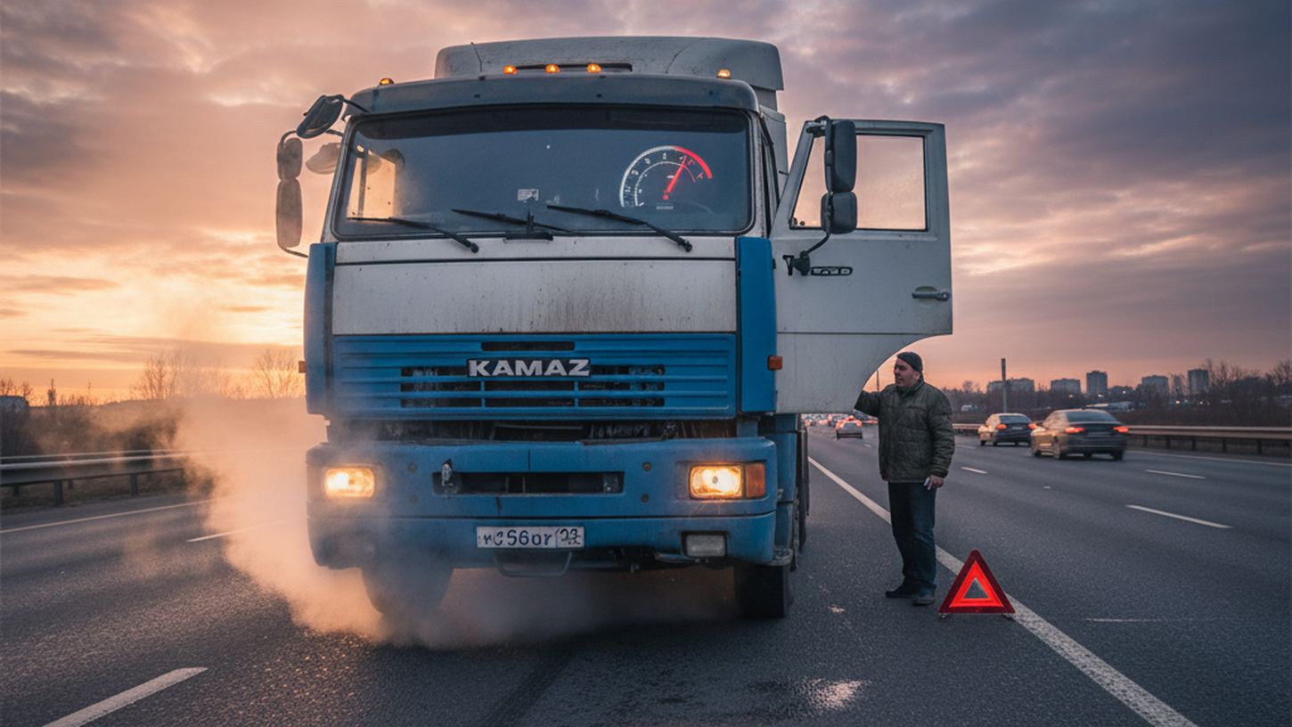 Перегрев двигателя грузовика на дороге с паром из-под капота