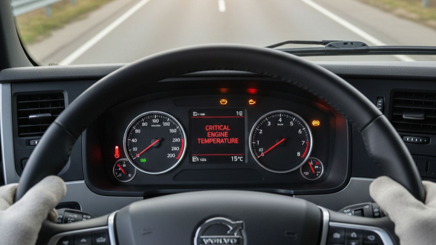 Приборная панель грузовика показывает критическую температуру двигателя