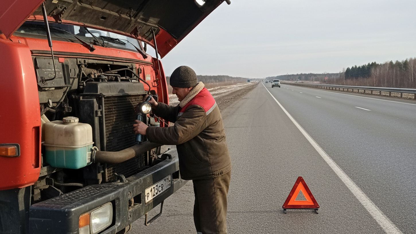 Водитель грузовика проверяет уровень антифриза на обочине дороги