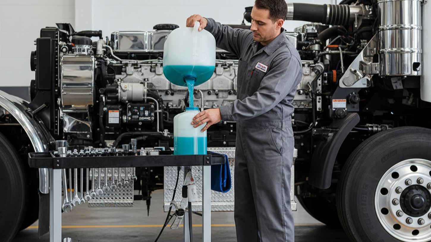 Заправка охлаждающей жидкости в расширительный бачок грузовика при техобслуживании