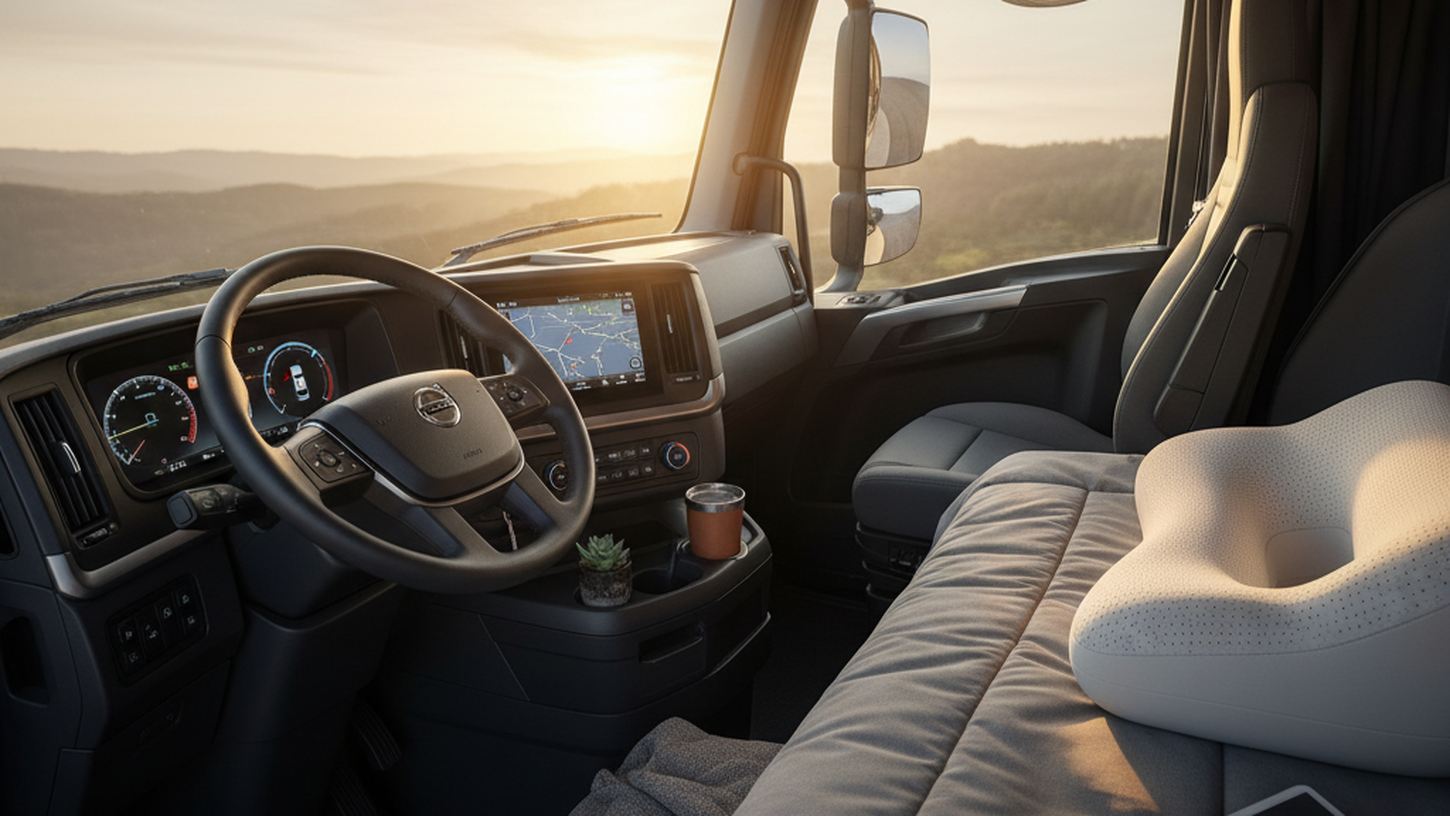 интерьер современной кабины грузовика с комфортным спальным местом и ортопедической подушкой