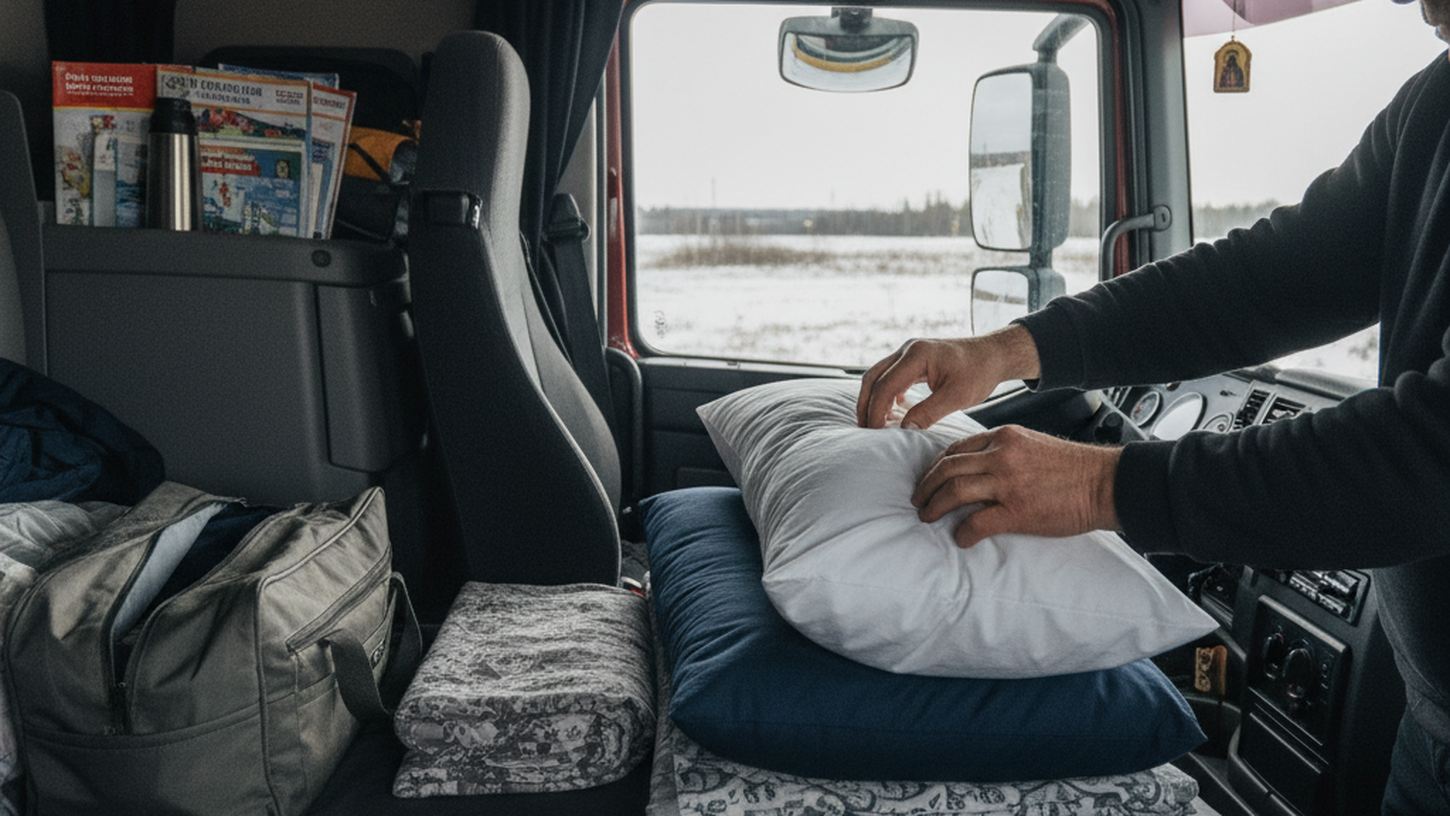 водитель меняет наволочку и организует постель в кабине грузовика