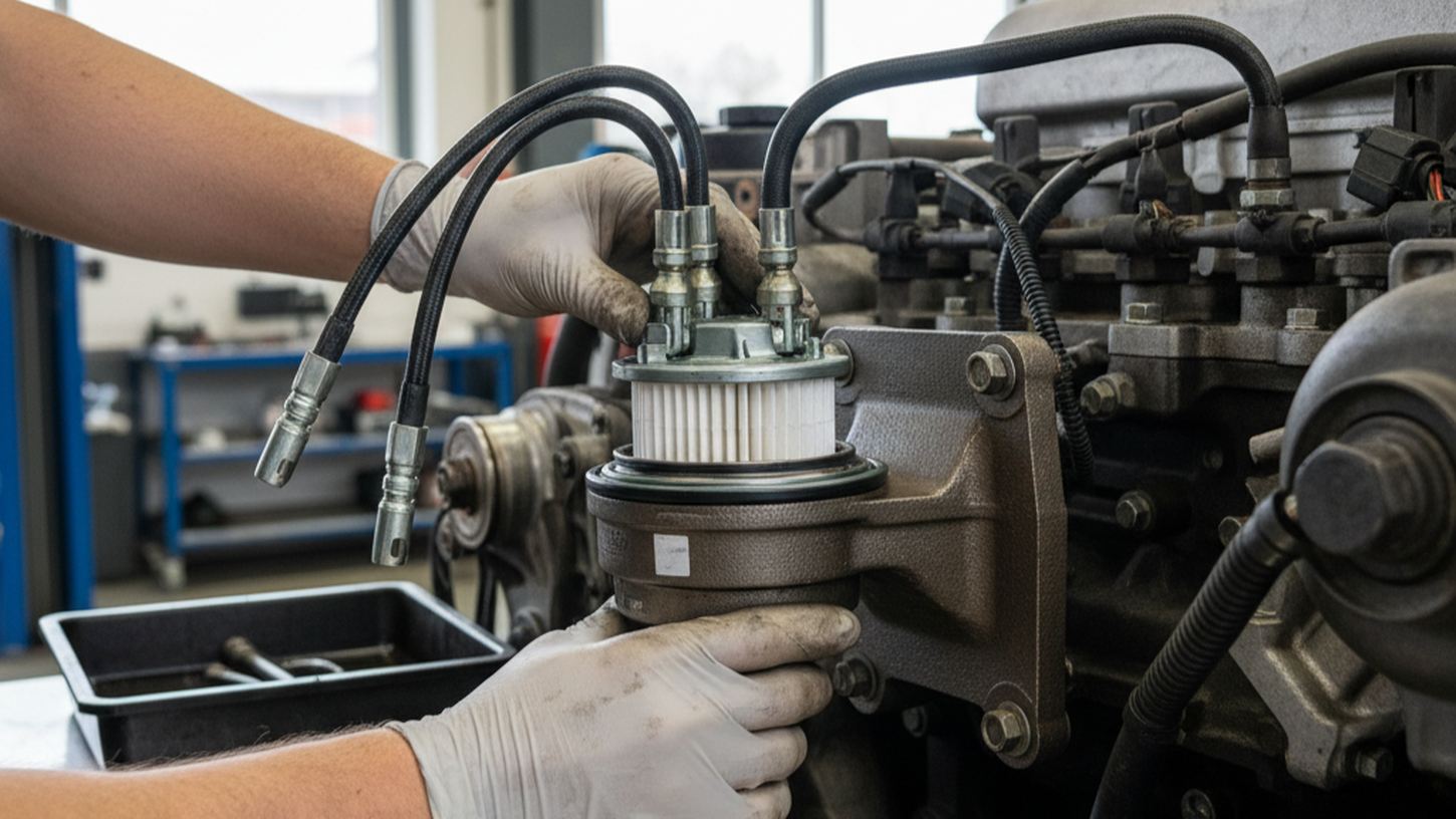 Замена топливного фильтра на дизельном грузовике для профилактики ТНВД