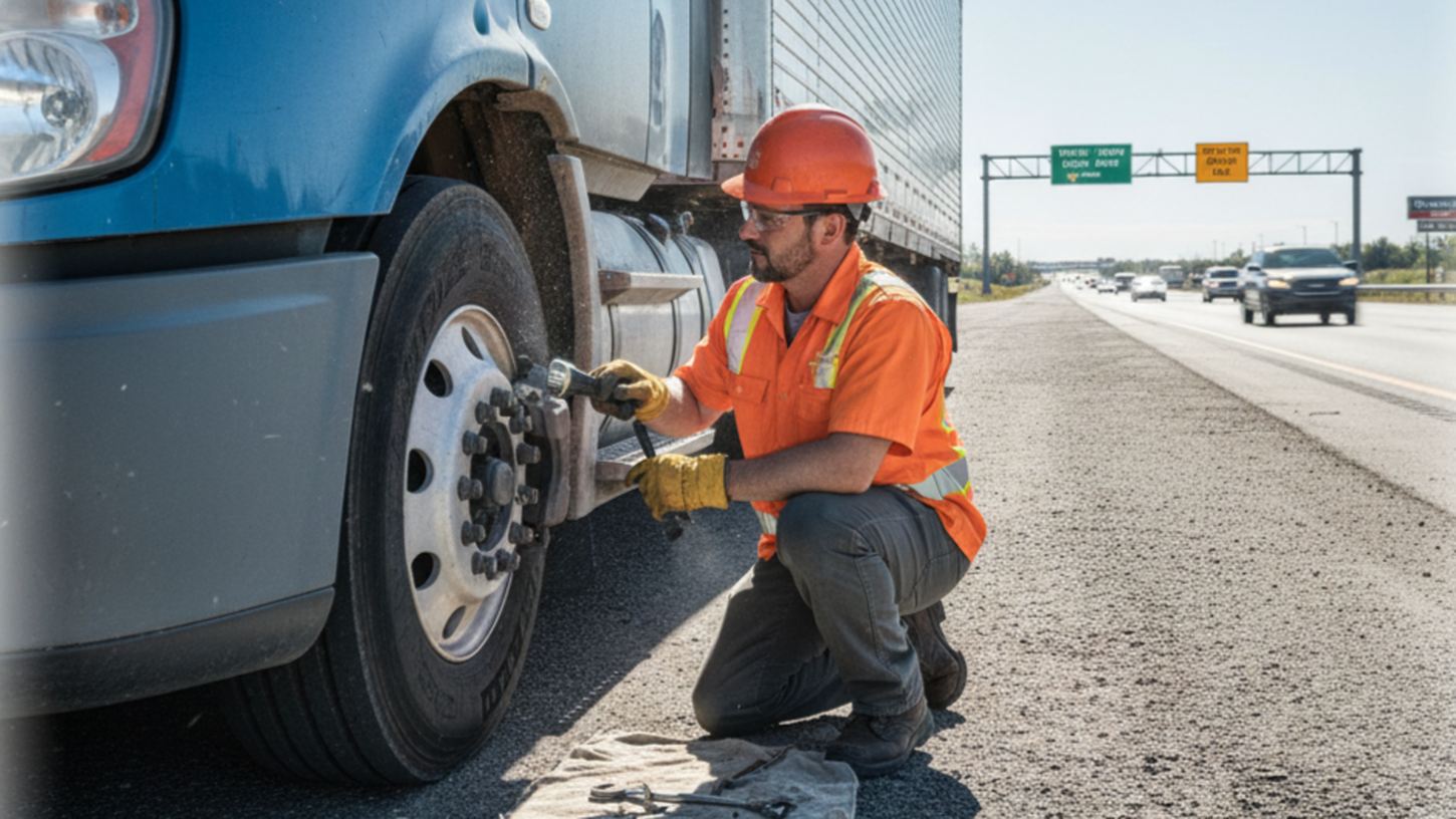 Осмотр тормозной системы грузовика на трассе