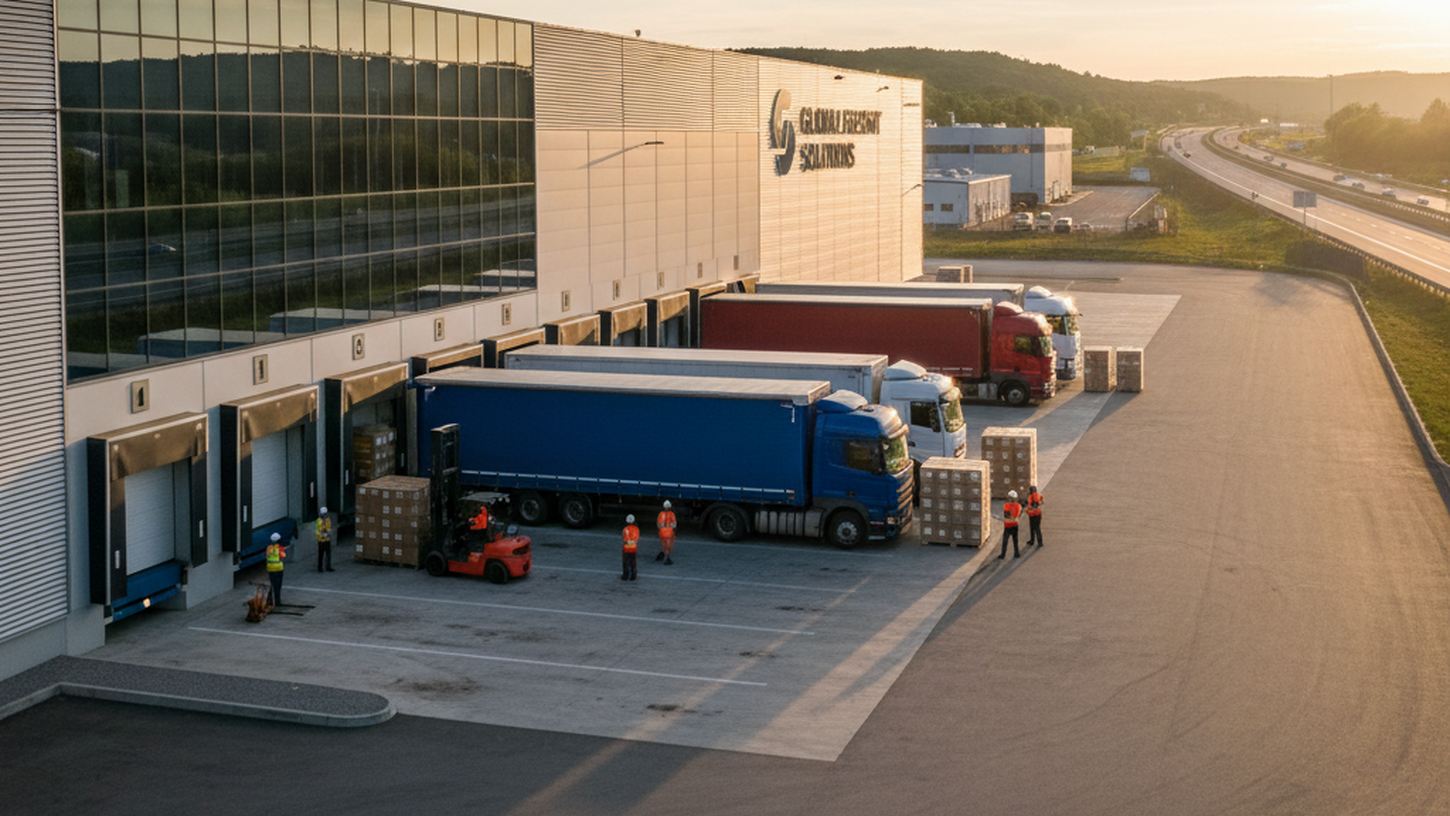 Реалистичный логистический склад с грузовыми машинами и сотрудниками на фоне дневного света