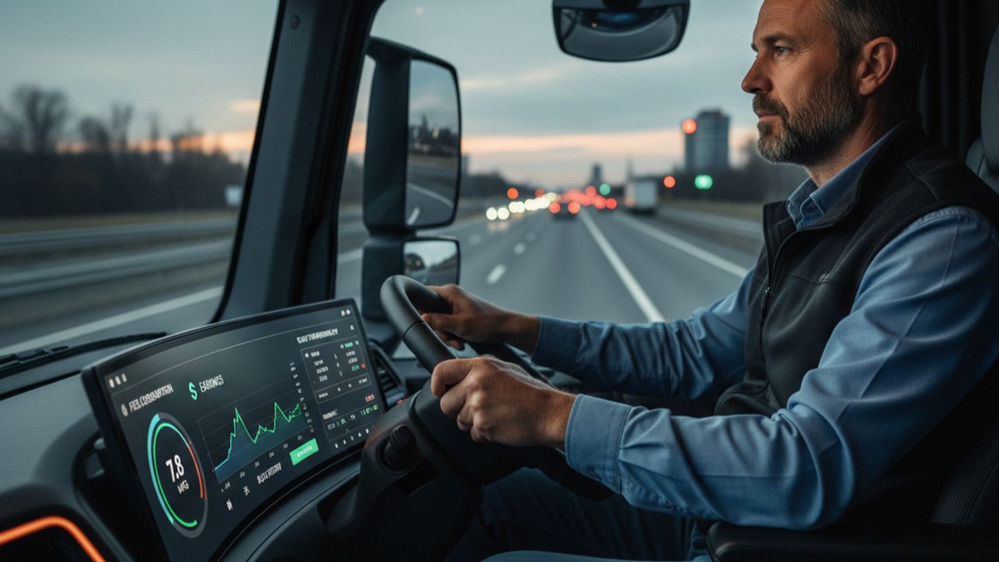 Водитель грузовика изучает данные эффективности перевозок на цифровой панели