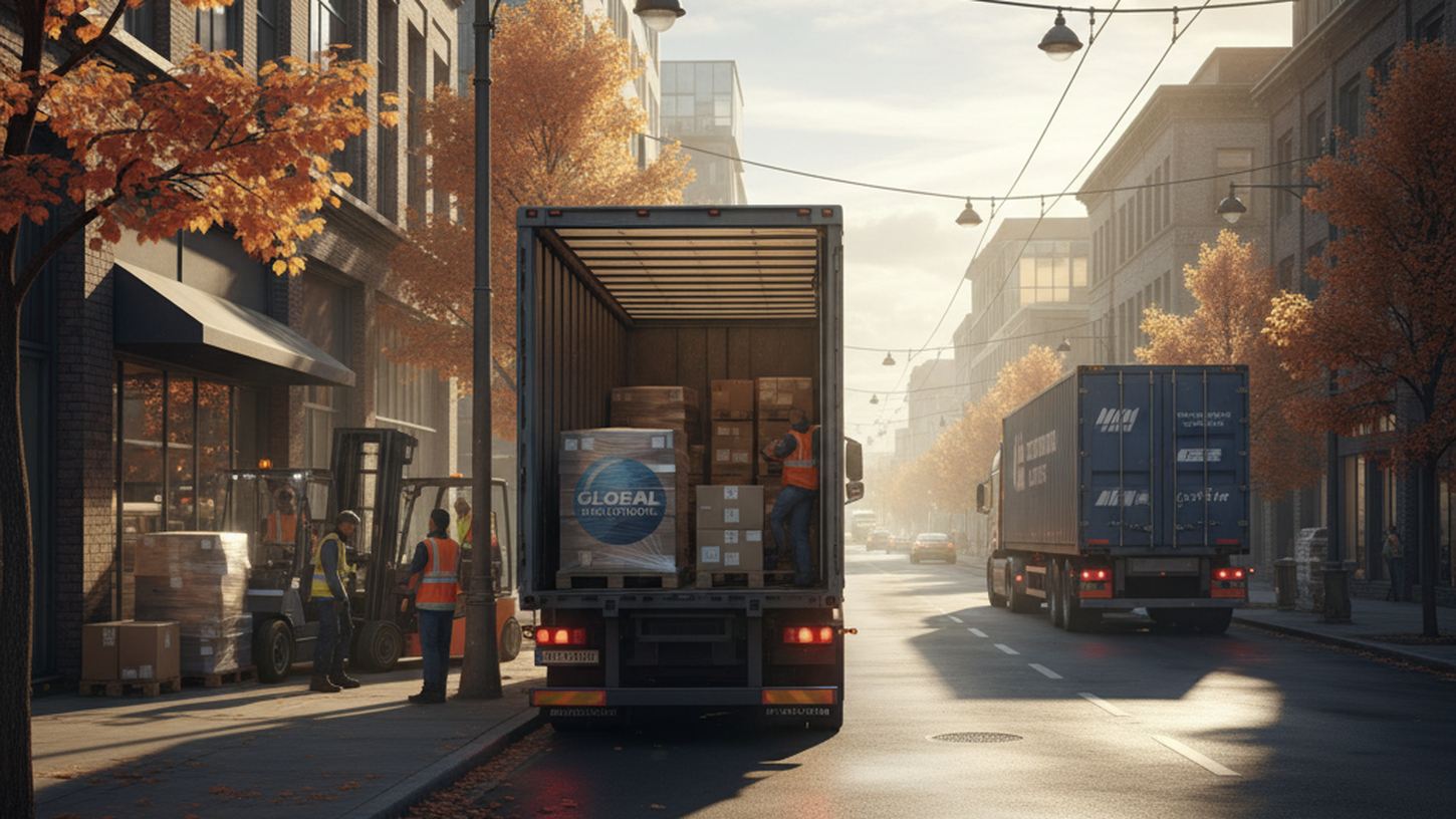 Загрузка грузовика на городской улице, отправление транспорта в межгород