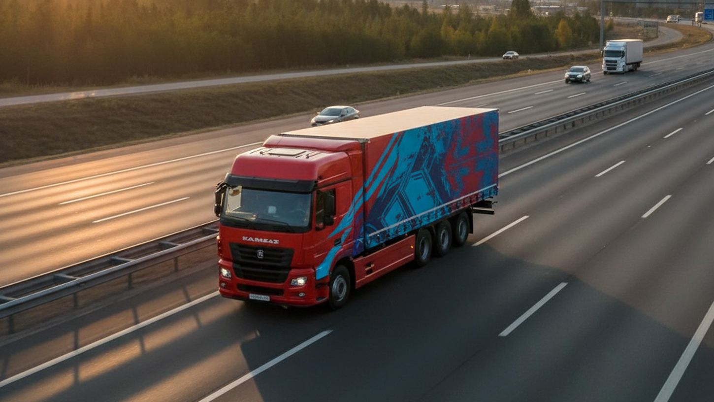 Грузовик едет по шоссе на фоне рассвета, аккуратное экономичное движение