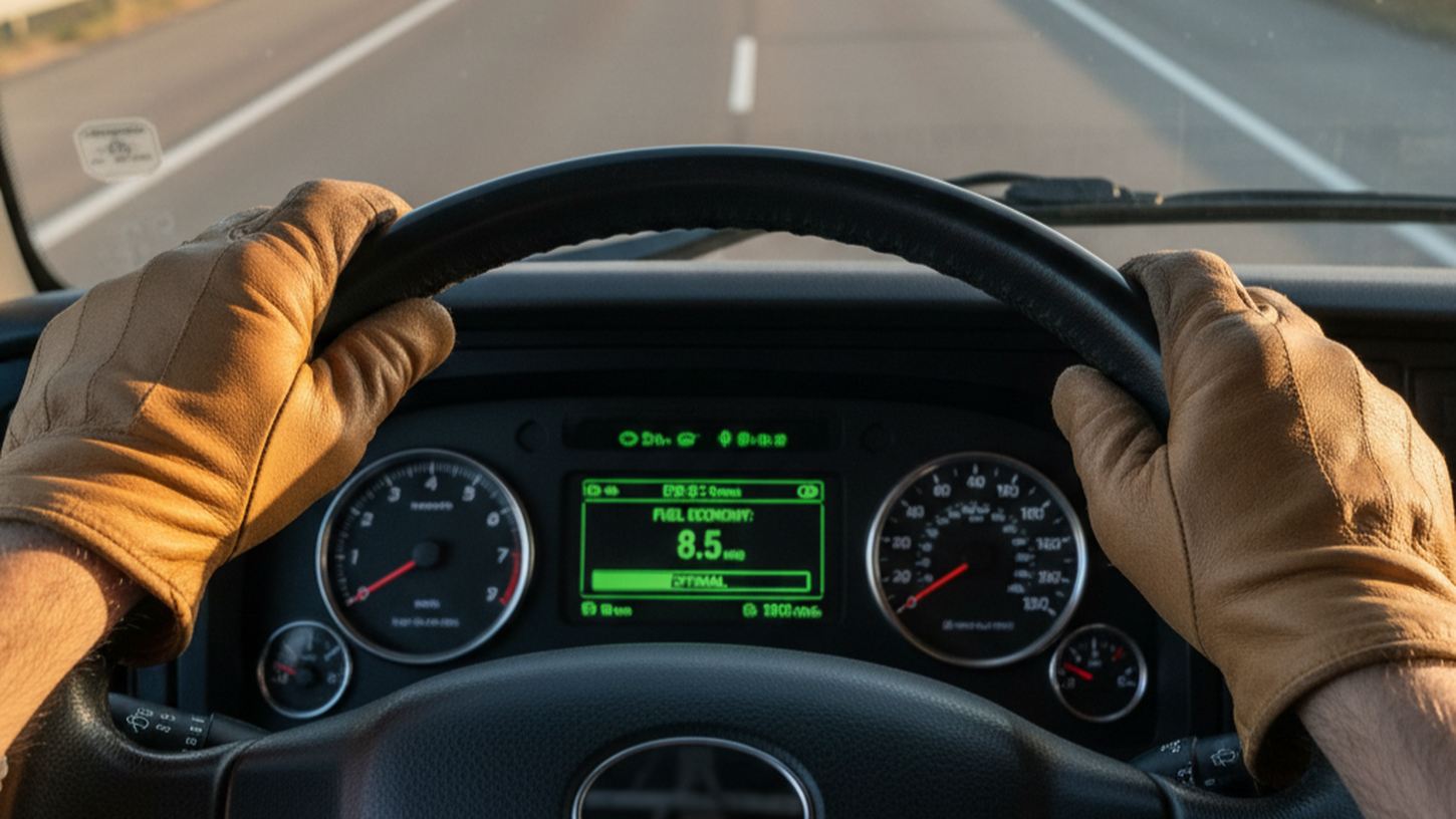 Руки водителя на руле грузовика, приборная панель с оптимальным расходом топлива