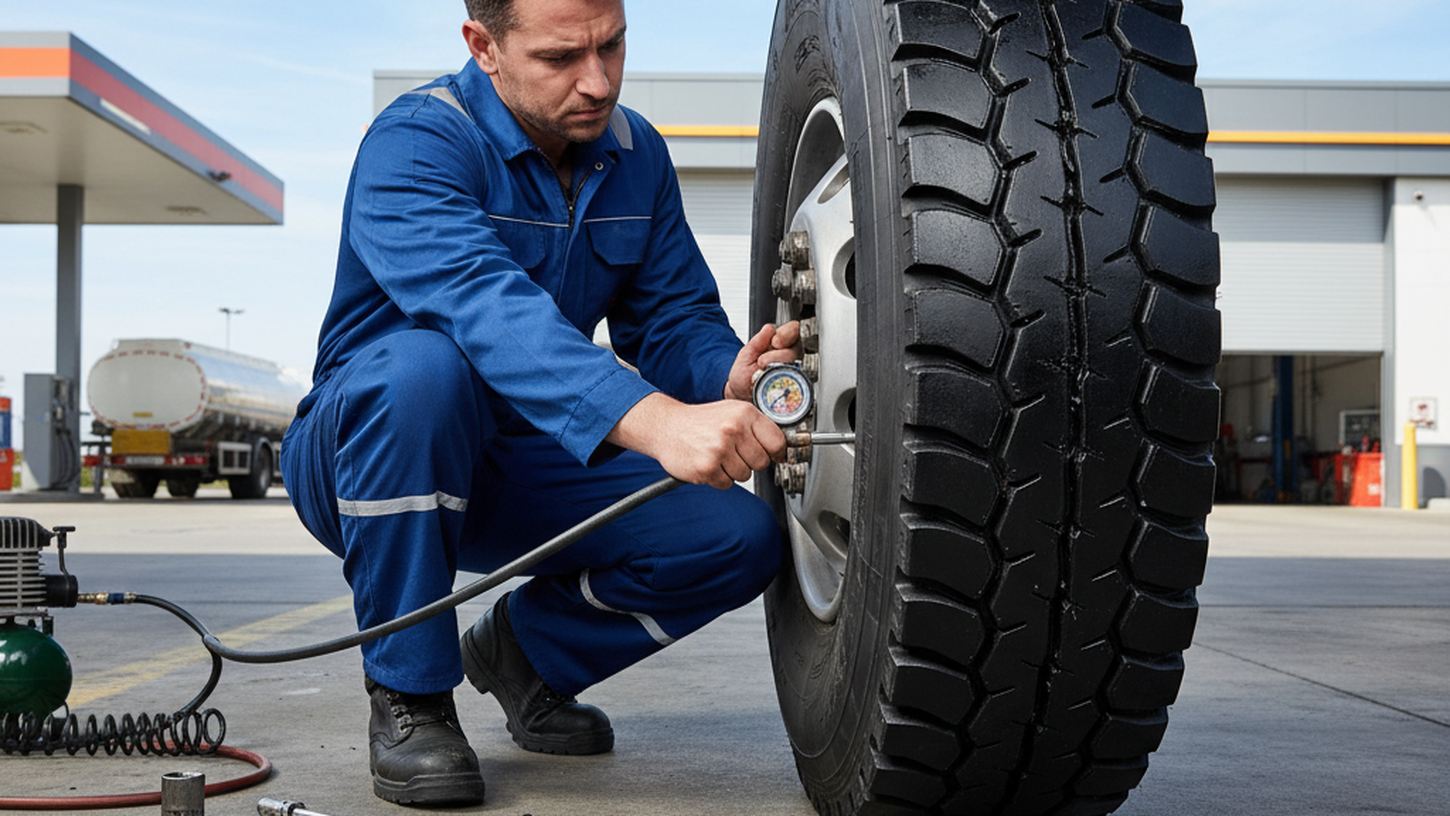 Механик проверяет давление в шинах большого грузовика на сервисе