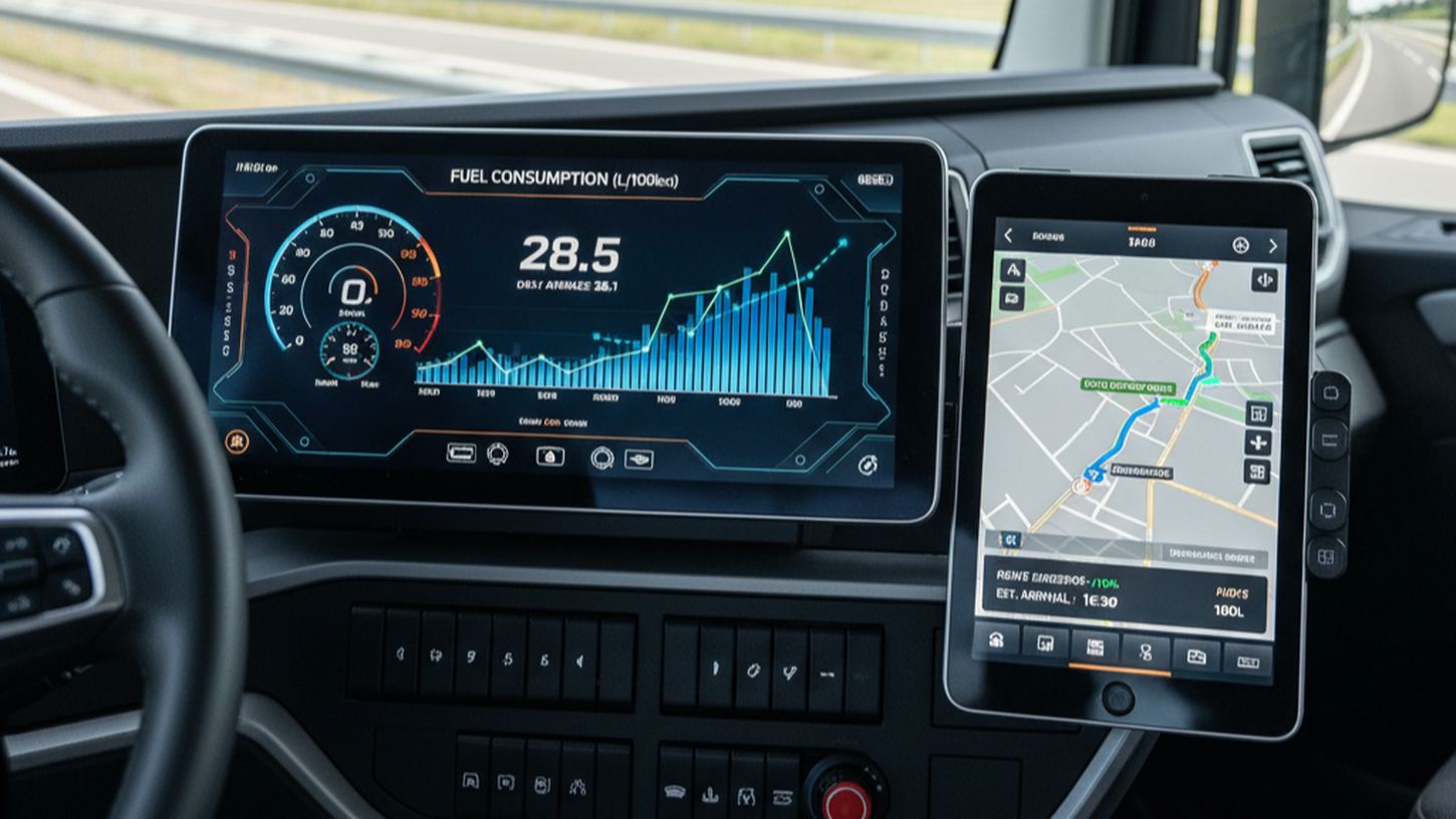 Экран бортовой системы грузовика, данные о расходе топлива и маршруте