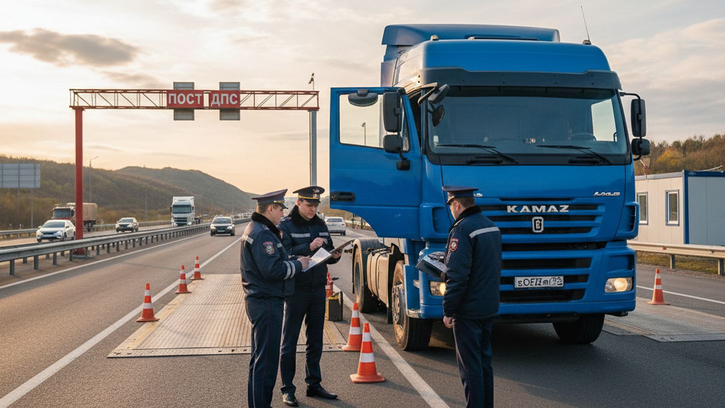 Проверка грузового автомобиля на федеральной трассе