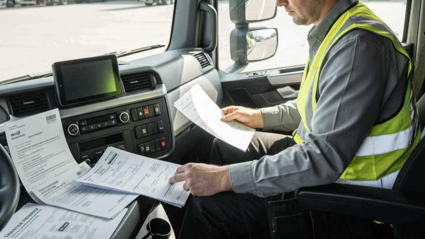 Водитель сортирует документы в кабине грузового автомобиля