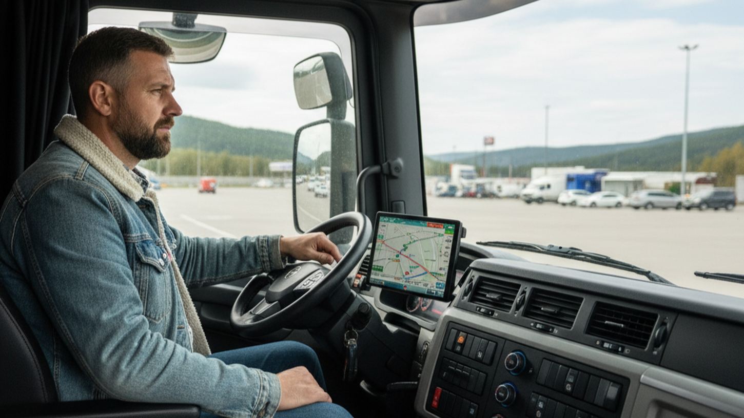 Опытный водитель планирует маршрут на сервисной зоне возле грузовика