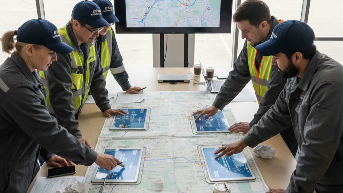 Группа водителей и механиков планирует маршрут с интеграцией Платон