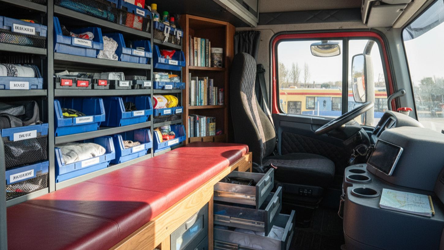 Организованное пространство в кабине грузовика с современными системами хранения