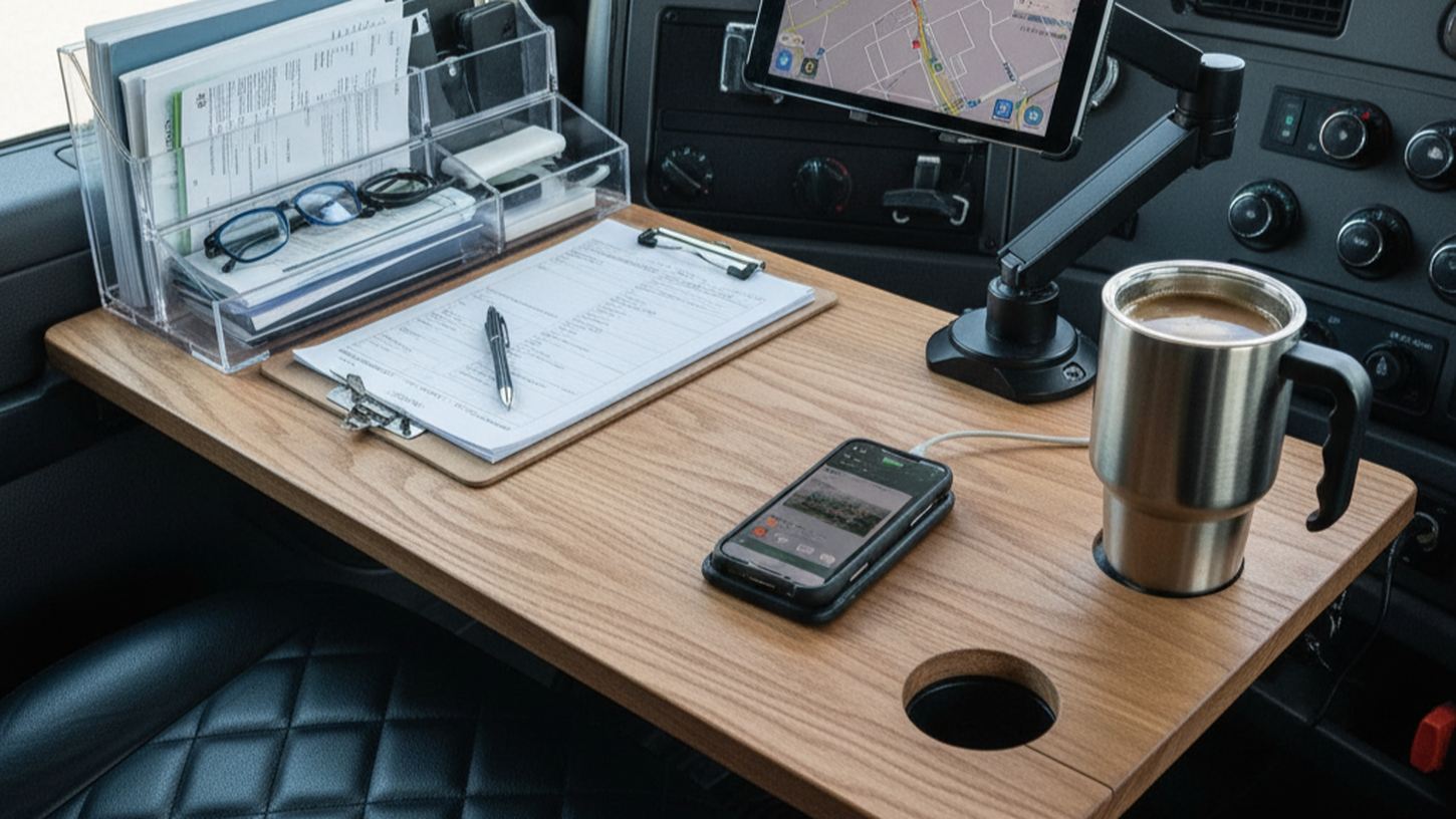 Рабочая зона водителя грузовика с органайзерами для документов и гаджетов
