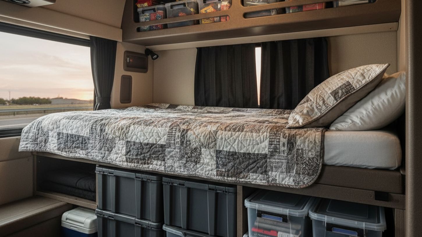 Спальное место дальнобойщика с аккуратно размещёнными ящиками для личных вещей