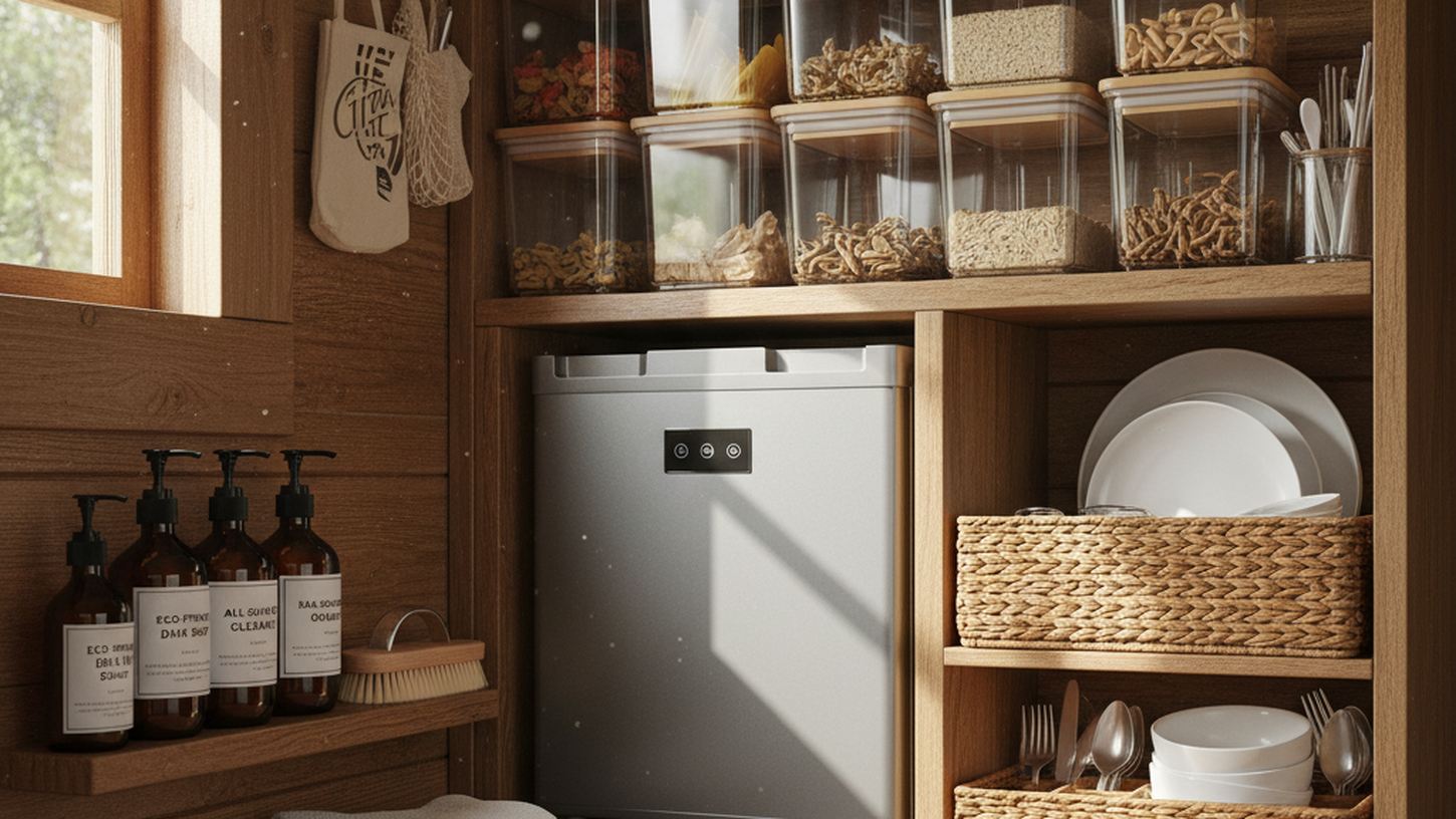 Хранение продуктов и средств гигиены в герметичных контейнерах на кухонной зоне кабины