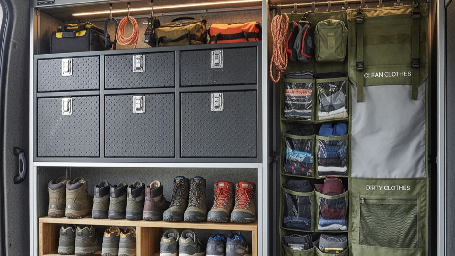 Технический блок и отсек для одежды с удобными коробами и полками внутри кабины