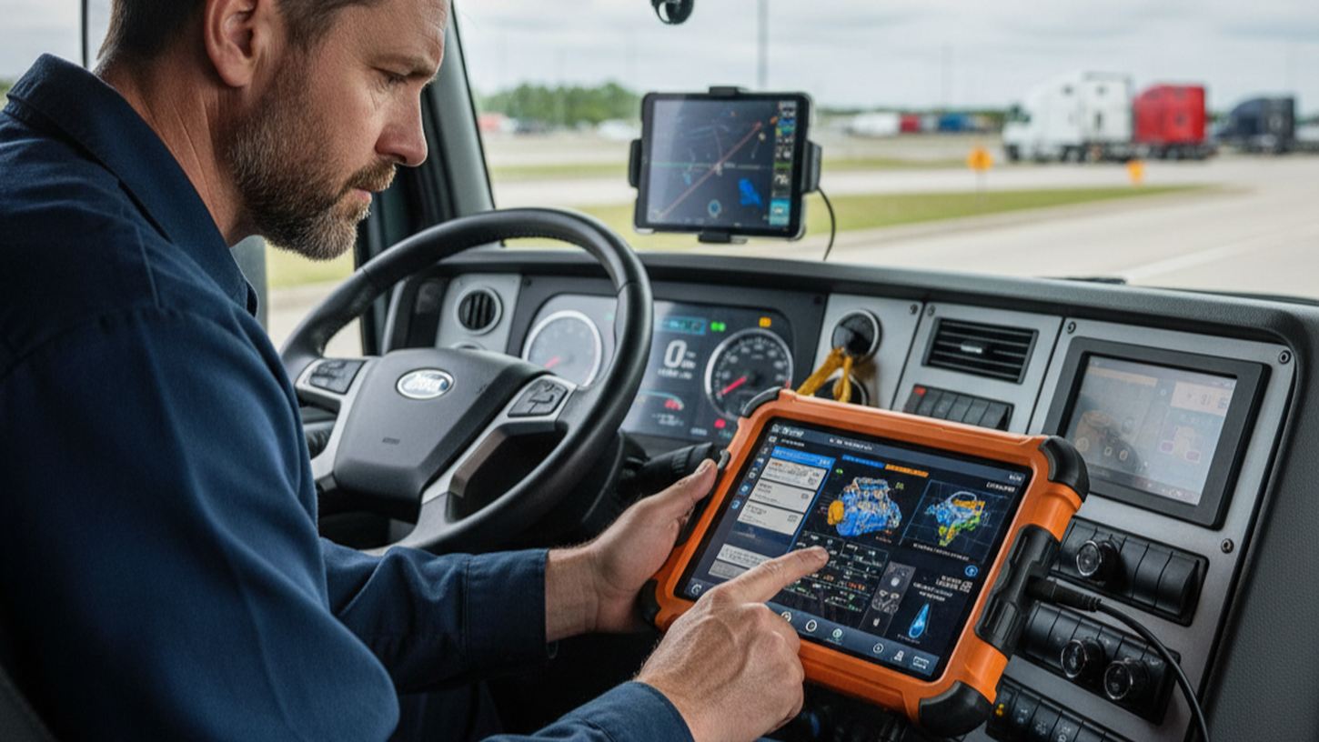 Водитель дальнобойщик в кабине грузовика с диагностическим сканером