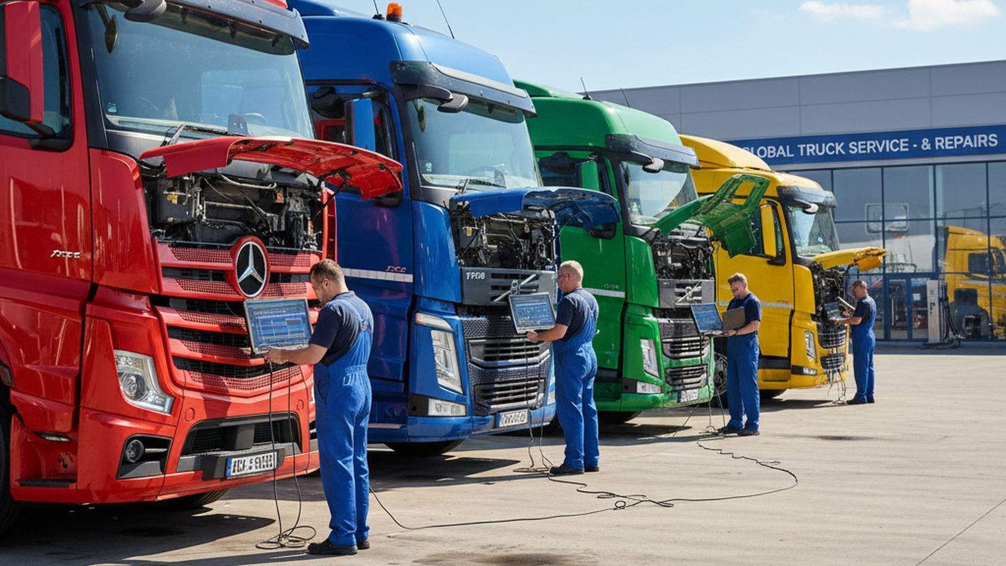 Грузовые автомобили разных марок на сервисе, процесс диагностики