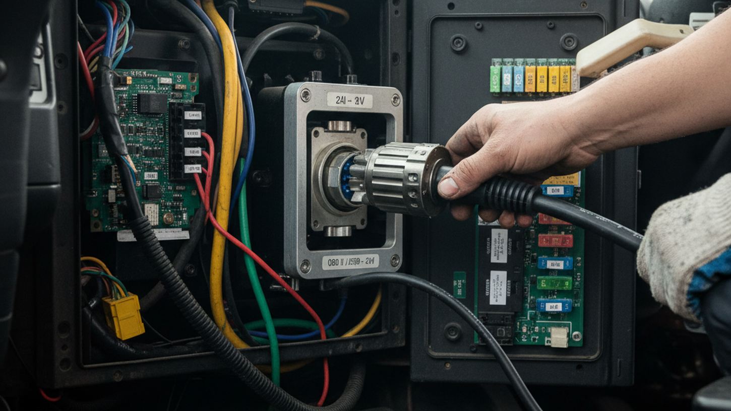 Механик подключает диагностический адаптер к разъему OBD в грузовике