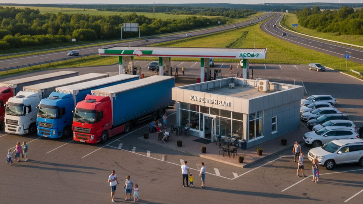 Заправка и кафе на обочине трассы М-7, отдыхающие водители и семьи