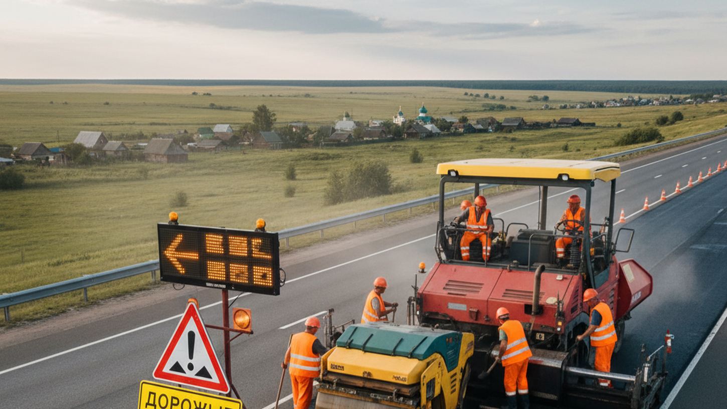 Дорожные рабочие и техника во время ремонта дорожного покрытия М-7 возле российских деревень