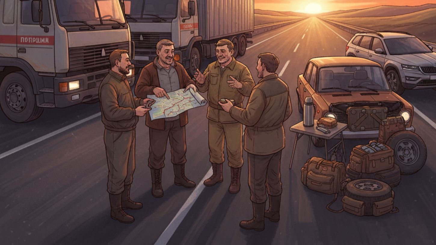 Водители грузовиков и легковых автомобилей общаются у трассы М-7 на фоне заката