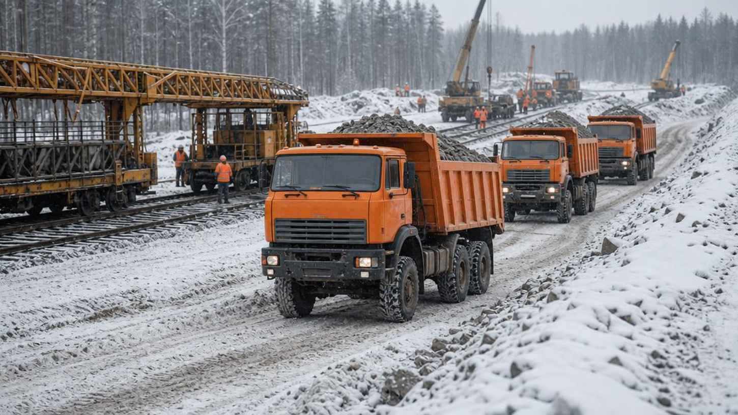 Оранжевые грузовики Magirus на стройке БАМ зимой