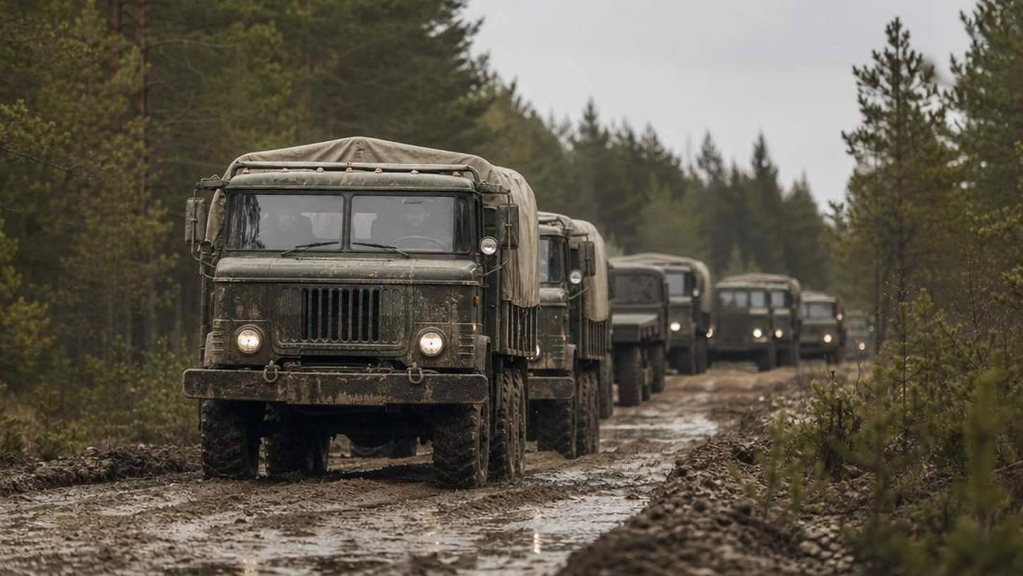 специальные советские грузовики на грунтовой дороге в тайге