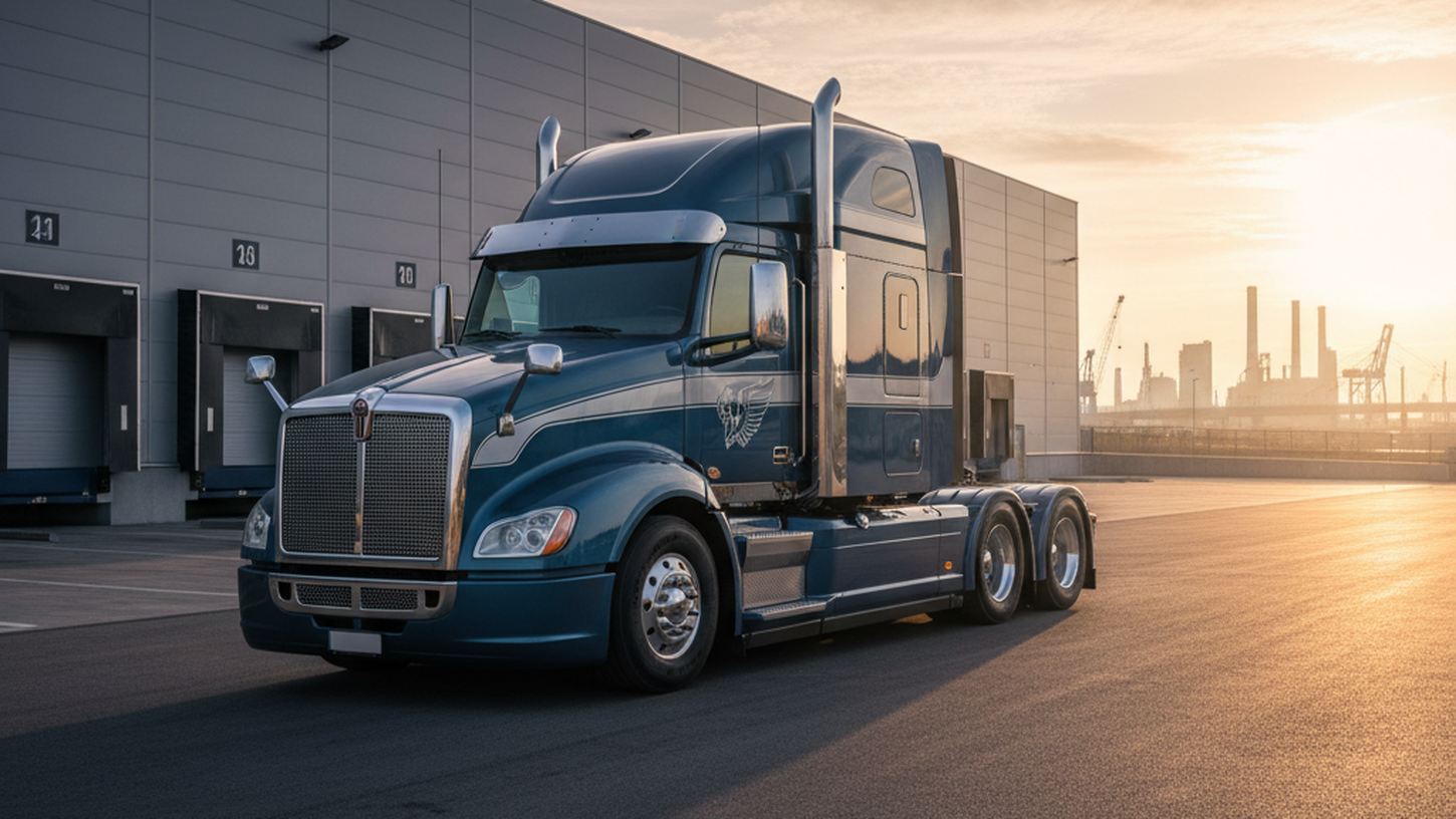 Грузовой тягач на фоне логистического склада утром