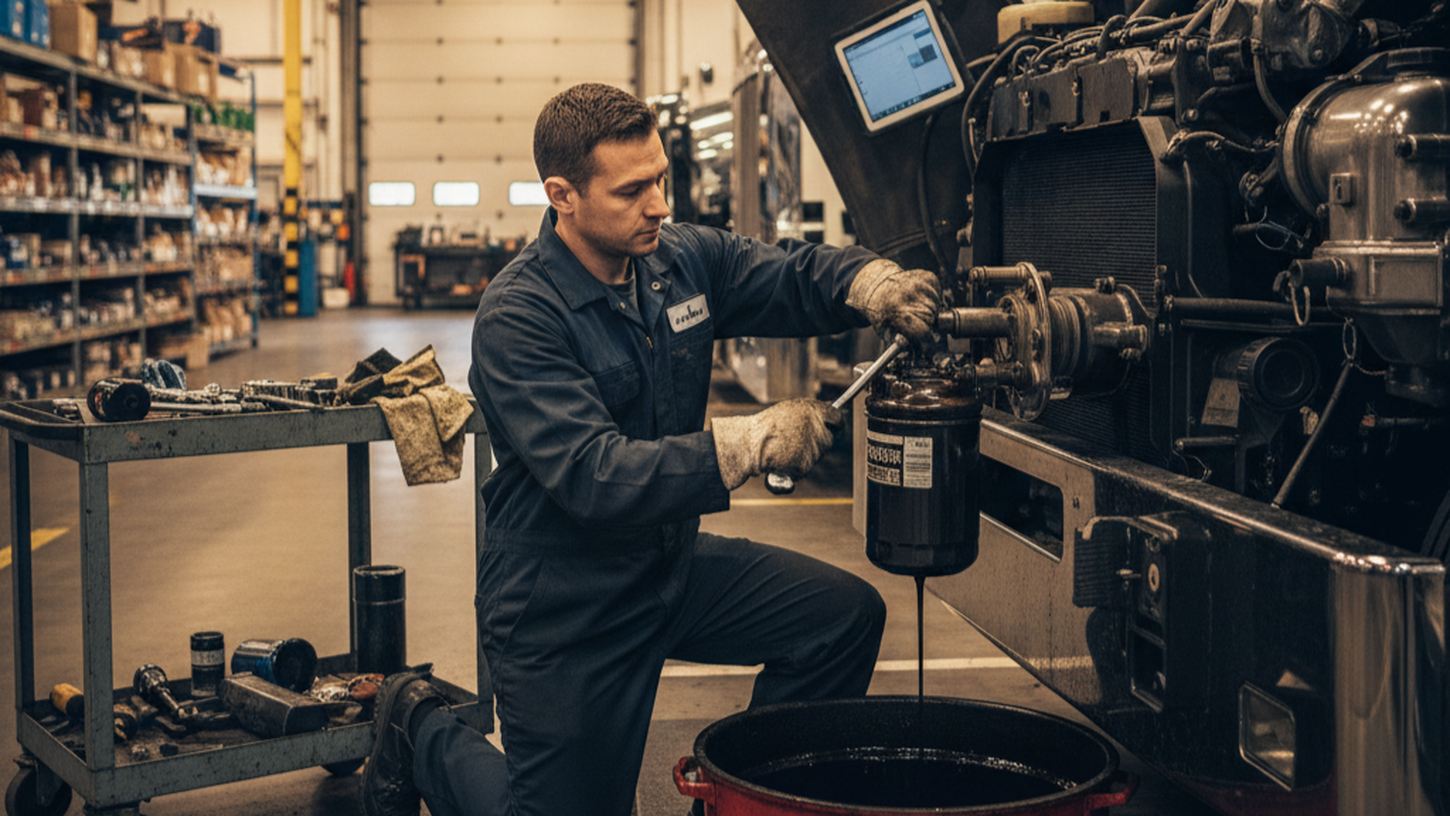 Механик проводит обслуживание грузового автомобиля в сервисе