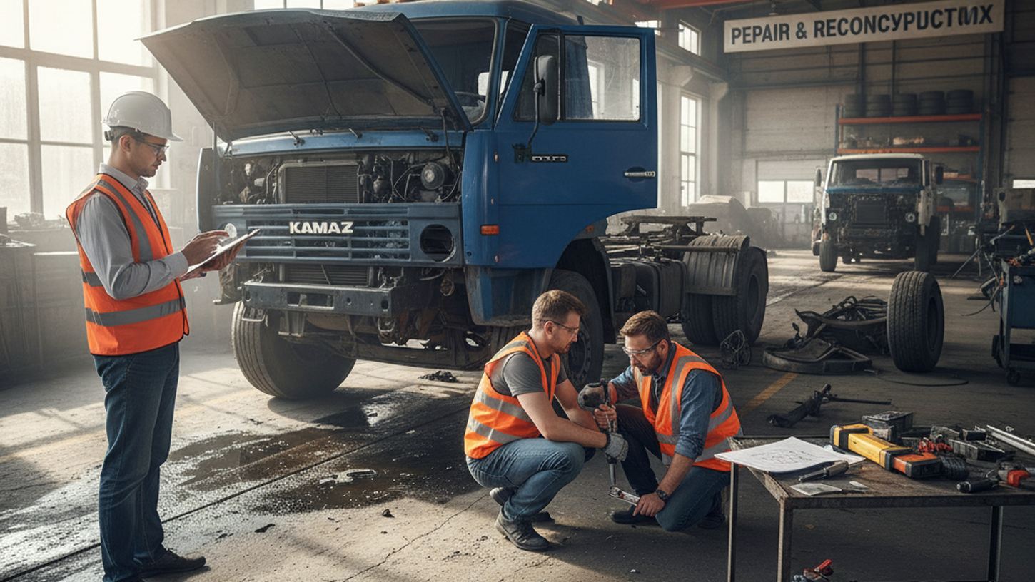 Осмотр повреждённого грузовика экспертом после ДТП